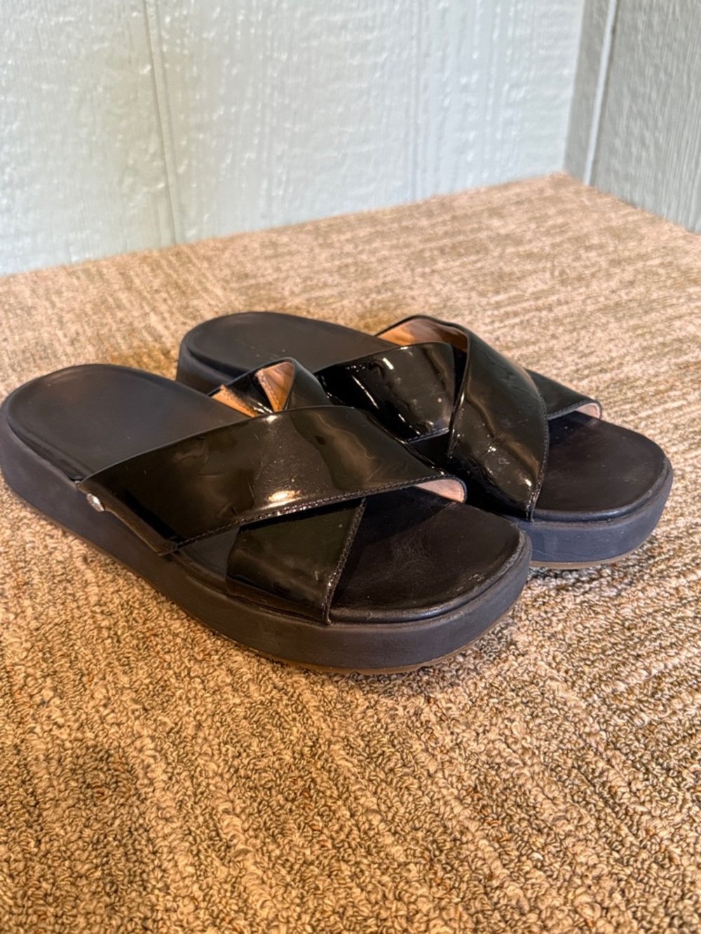 UGG Women’s Black Patent Crossover Slide Sandals